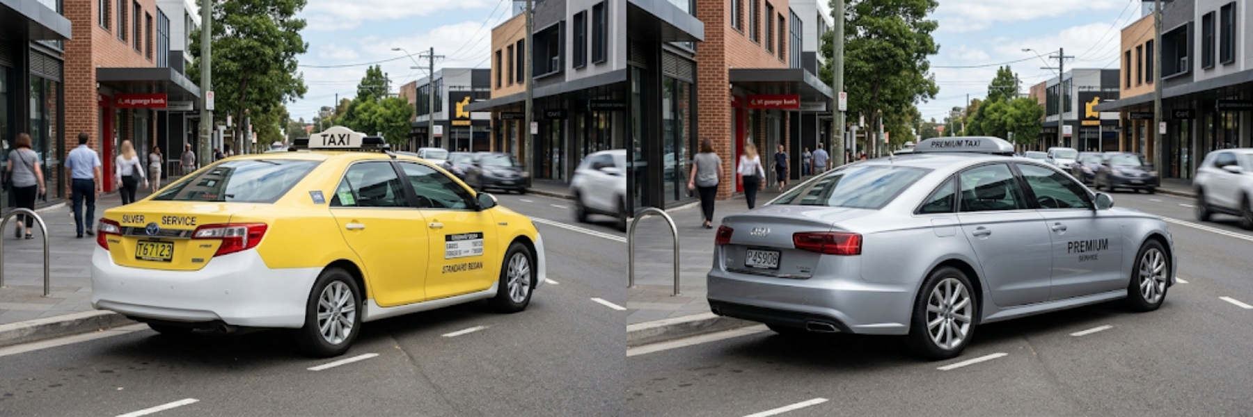 standard taxi and silver taxi from the Seymour Cabs fleet side by side.