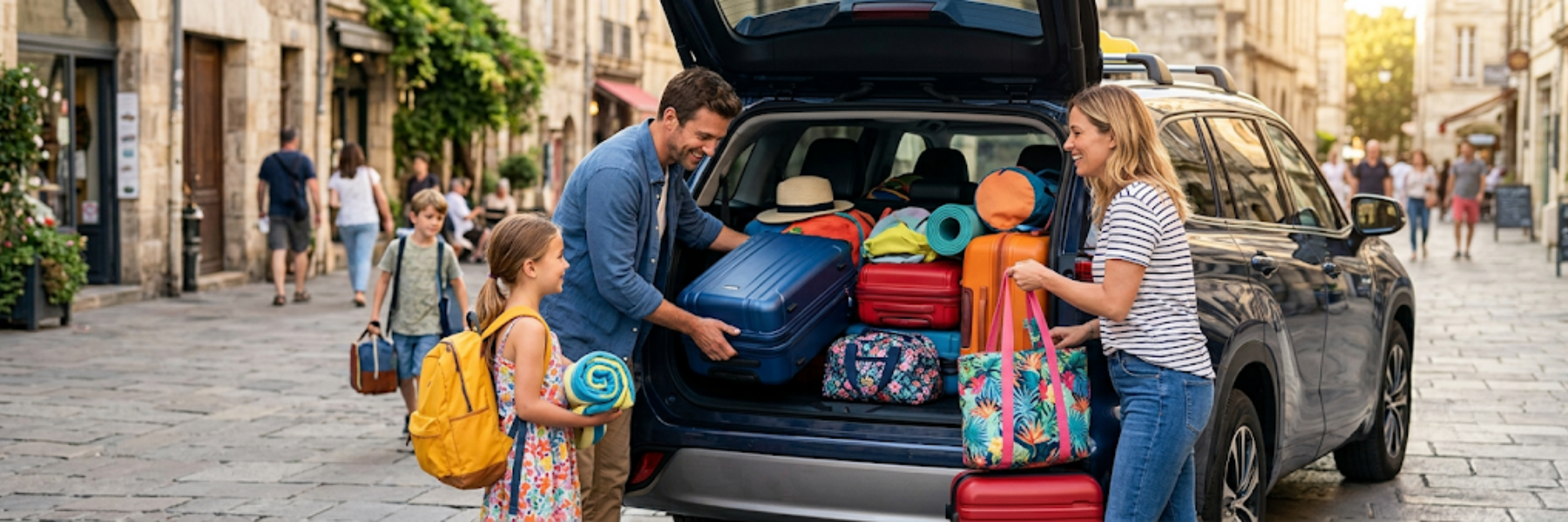 Passenger loading large suitcases into a Seymour taxi